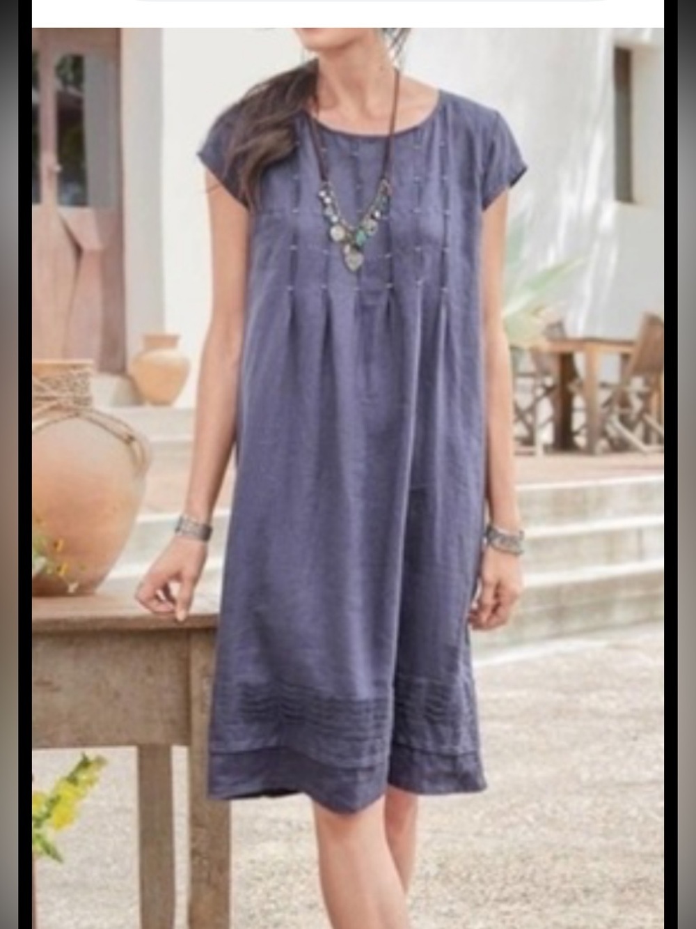 Sundance Viv Day 100% Linen Navy Blue Cap-Sleeve Pleated Dress, XS